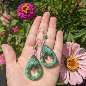 420 Earrings Green Resin Sparkly Handmade Cute Artisan Teardrop Silver Jade